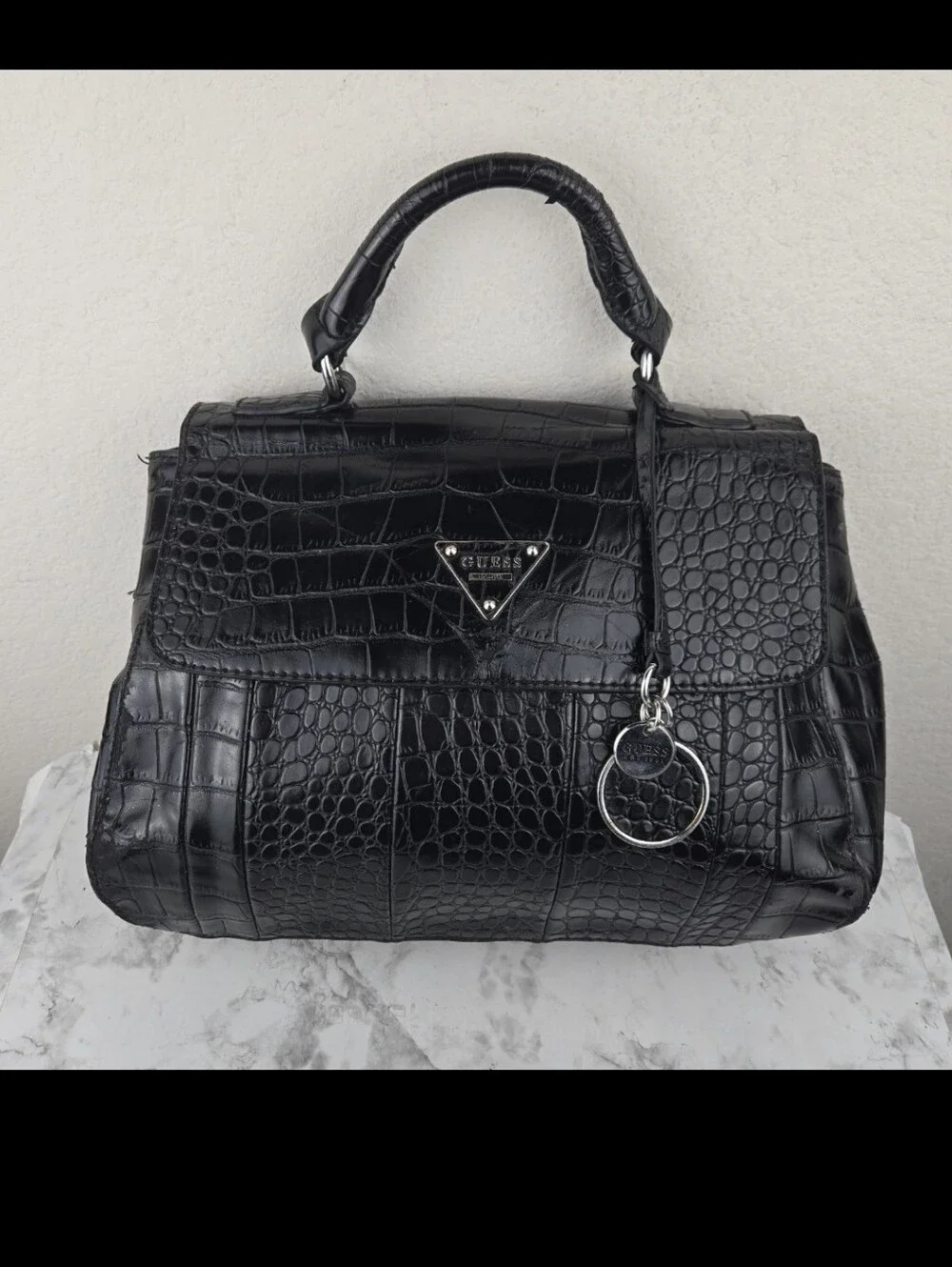 GUESS Black Croc-Embossed Top Handle Satchel with Charm